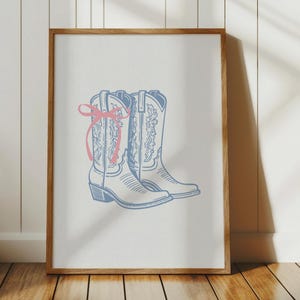 Light Blue Coquette Bow Cowboy Boot Print, Coastal Cowgirl Wall Art, Girly Western Print, College Apartment Aesthetic, Trendy Dorm Decor