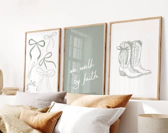 Walk by Faith, Christian Western Wall Art, Cute Bible Poster, Trendy Cowgirl Print, Aesthetic Apartment Decor, Dorm Set of 3, Digital Prints