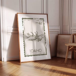 Idaho State Stamp Print, Vintage Travel Wall Art, PNW Wanderlust, Nature Aesthetic, Rustic Wildlife Poster for Cabin Decor, Digital Download