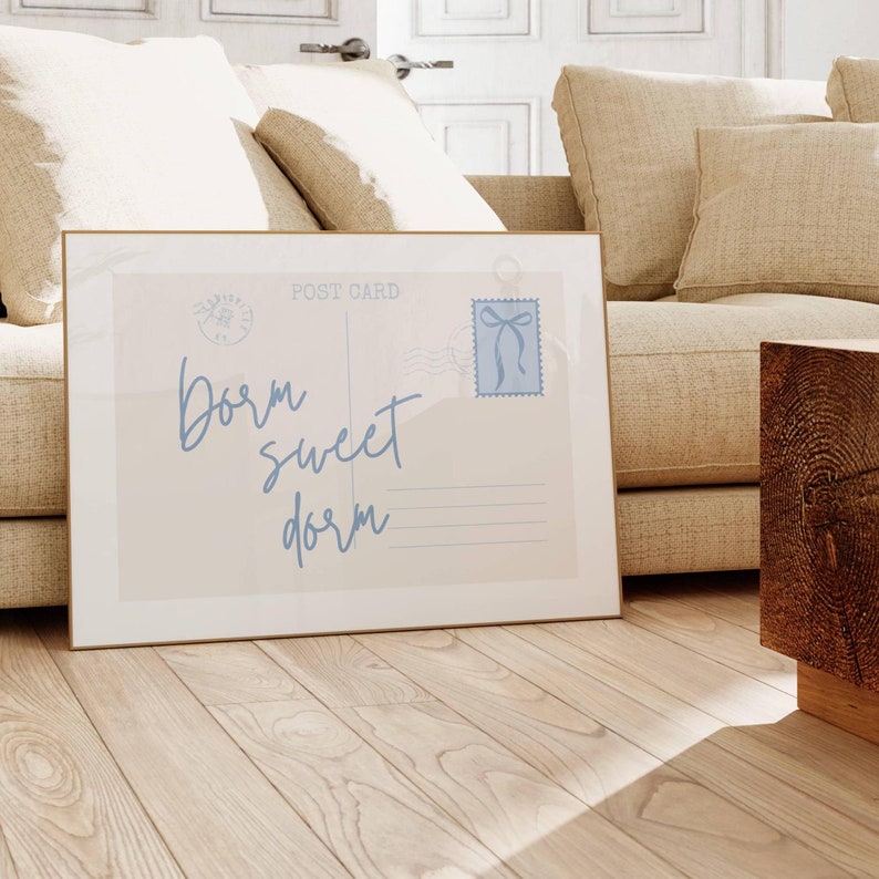 dorm sweet dorm horizontal postcard poster with blue coquette bow