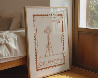 Oklahoma Stamp Print, Retro Travel Wall Art, Windmill Poster for Farmhouse Decor, Digital Download