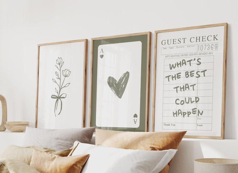 set of 3 olive green wall art, coquette bow flower bouquet, ace of hearts playing card, guest check whats the best that could happen