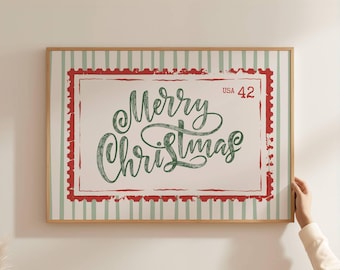 Merry Christmas Print, Retro Holiday Wall Art, Vintage Stamp Poster for Farmhouse Christmas Decor, Digital Download