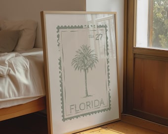 Florida Stamp Print, Coastal Wall Art for Beachy Dorm Decor, Digital Download