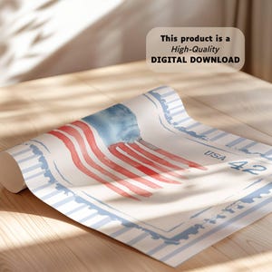 Puede incluir: Una impresi&oacute;n enrollada con un dise&ntilde;o de acuarela de la bandera estadounidense. La bandera tiene rayas rojas y blancas y un campo azul con un dise&ntilde;o de estrella blanca. La impresi&oacute;n incluye el texto "USA 42" y "This product is a High-Quality DIGITAL DOWNLOAD".