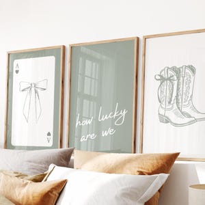 Sage How Lucky Are We Bundle, Coastal Cowgirl Print, Girly Western Wall Art, Coquette Bow Boots, Cute Aesthetic, Trendy Dorm Decor, Set of 3