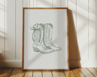 Sage Coquette Cowgirl Boots Print, Girly Western Wall Art for Cowgirl Nursery Decor, Digital Download