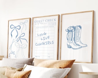 Coastal Cowgirl Set of 3 Prints, Girly Western Wall Art, Trendy Poster for Blue Coquette Decor, Cute Dorm Prints, Digital Download