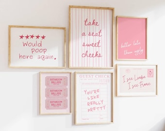 Pink Bathroom Wall Art Set of 6, Funny Bathroom Wall Art, for Girly Toilet Decor, Digital Download