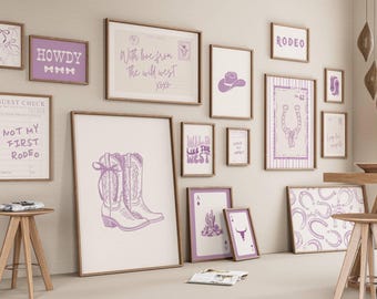 Coquette Cowgirl Set of 15 Prints, Girly Western Wall Art for Purple Dorm Decor, Digital Download