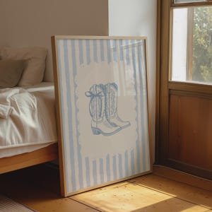 Coquette Cowgirl Boots Print, Preppy Western Wall Art for Blue Dorm Decor, Digital Download