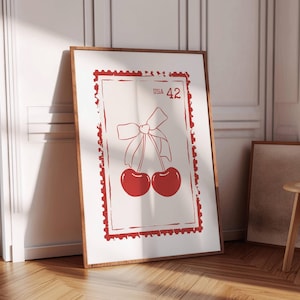 Red Cherry Print, Retro Stamp Poster, Trendy Wall Art, Coquette Apartment Aesthetic, Cute Kitchen Print, Girly Dorm Decor, Digital Download