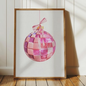 Christmas Disco Print, Coquette Christmas Aesthetic, Trendy Holiday Wall Art, Girly Xmas Decor, Mirror Ball Ornament Poster Digital Download