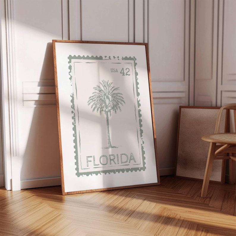 sage green Florida state stamp print with palm tree vintage travel poster in vertical orientation