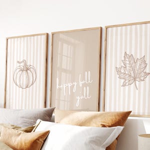 Happy Fall Wall Art, Set of 3 Neutral Autumn Decor, Modern Western Print, Minimalist Warm Fall Poster, Trendy Autumn Poster, Tan Pumpkin Art