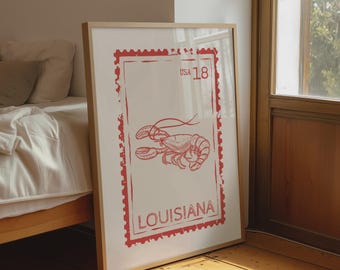 Louisiana State Stamp Print, Retro Travel Wall Art, Crawfish Poster for Kitchen Decor, Digital Download