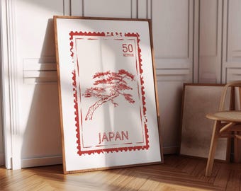 Japan Stamp Print, Retro Travel Wall Art, Bonsai Tree Poster for Japanese Minimalist Decor, Digital Download