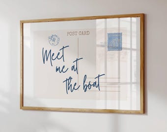 Meet Me At The Boat, Vintage Postcard Poster, Beach Print, Trendy Horizontal Wall Art, Minimalist Coastal Aesthetic Decor, Digital Download