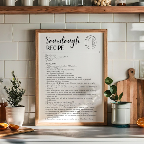 Sourdough Recipe Print, Bread Wall Art for Farmhouse Kitchen Decor, Digital Download