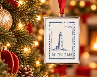 Michigan State Ornament, Vintage Lighthouse Stamp, Christmas Keepsake, Retro Souvenir Gift for Traveler