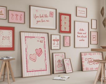 Retro Valentine Wall Art Set of 15, Love Posters for Valentines Decor, Digital Download