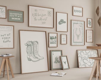 Cowgirl Prints Set of 15, Girly Western Wall Art, Sage Green Wall Art for Cowgirl Nursery Decor, Digital Download