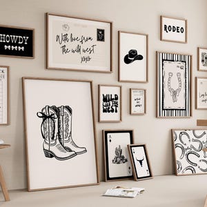 Cowgirl Gallery Set of 15 Prints, Girly Western Wall Art for Black & White Decor, Digital Download
