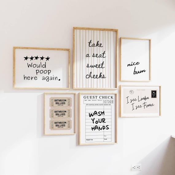 Bathroom Wall Art Set of 6, Funny Bathroom Wall Art, Aesthetic Powder Room, Cute Toilet Poster for Modern Bathroom Decor, Digital Download