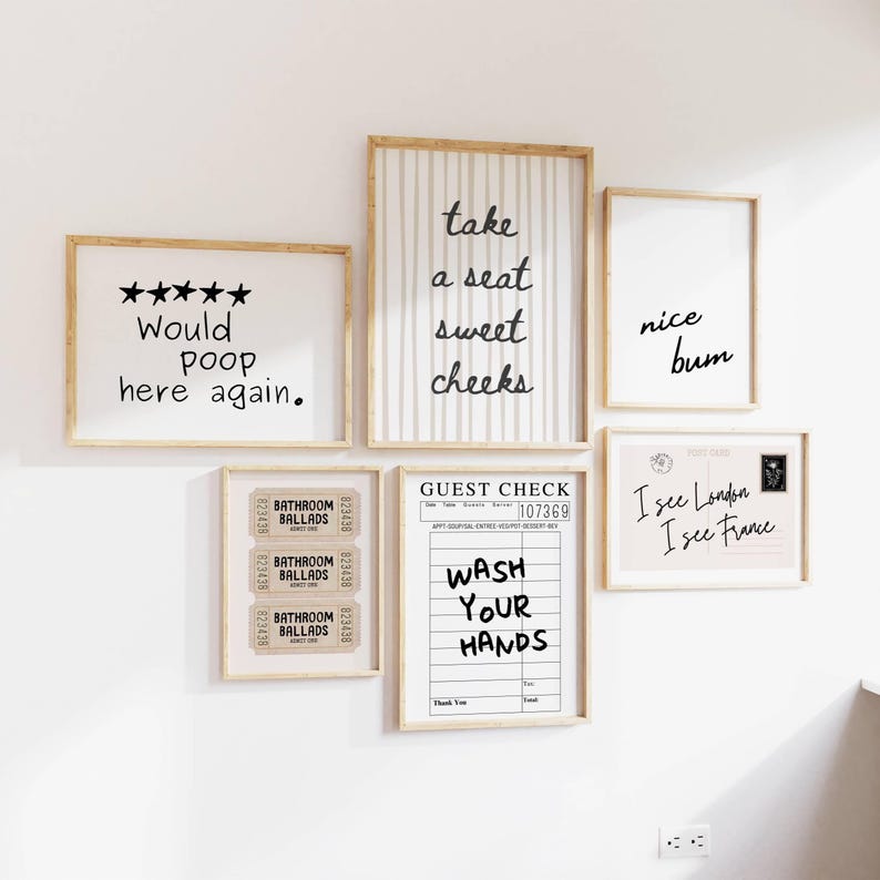 set of 6 bathroom wall art in black, white and beige. hand drawn style font with retro stripe, trendy ticket poster, retro guest check print, horizontal postcard print. "I see London I See France," "take a seat sweet cheeks," "nice bum" quote and more