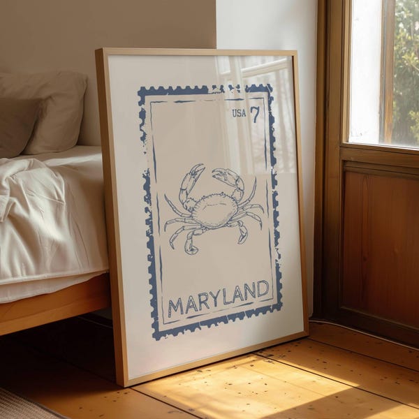 Maryland State Stamp Print, Retro Travel Wall Art, Blue Crab Poster for Coastal Decor, Digital Download