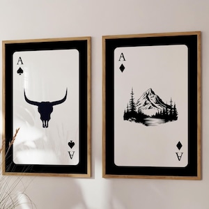Playing Card Poster Set, Western Wall Art, Southern Gothic Decor, Ace of Spades Print, Trendy Southwestern Art, Longhorn Skull, Retro Cowboy