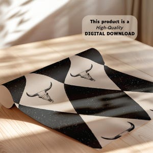 May include: A digital download of a seamless pattern featuring a black and white checkered design with a distressed texture. The pattern includes a repeated image of a stylized skull of a bull with horns.