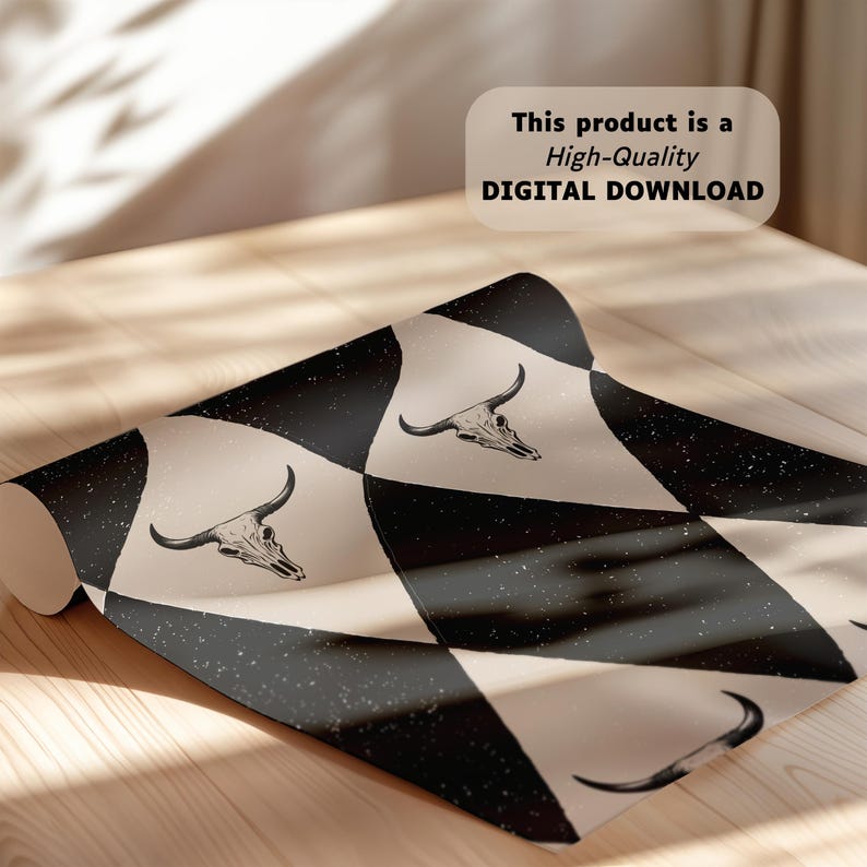 May include: A digital download of a seamless pattern featuring a black and white checkered design with a distressed texture. The pattern includes a repeated image of a stylized skull of a bull with horns.