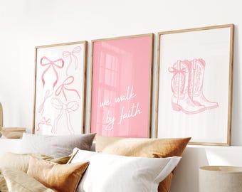Walk by Faith, Girly Christian Wall Art, Modern Bible Poster, Scripture Print, Coquette Cowgirl, Cute Trendy Decor Digital Download Set of 3