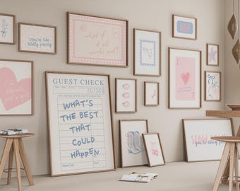 Pink & Blue Trendy Set of 15 Prints, Preppy Wall Art for Trendy Dorm Decor, Digital Download