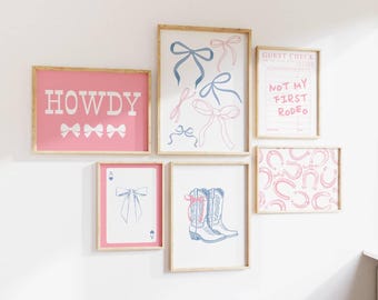 Pink & Blue Cowgirl Set of 6 Prints, Girly Western Wall Art for Trendy Dorm Decor, Digital Download