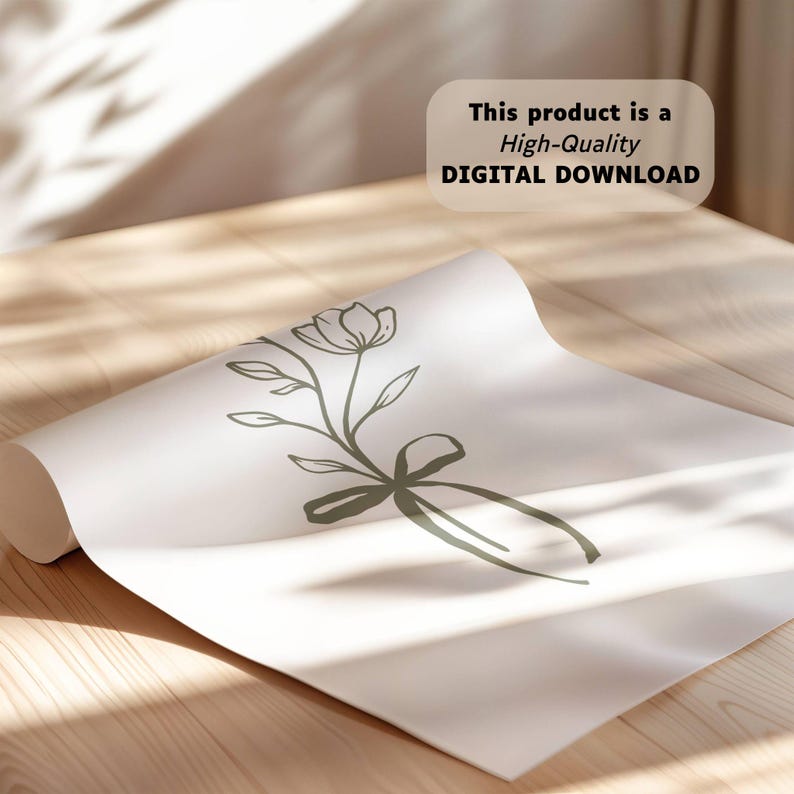 May include: Rolled white paper with an olive green floral design. The design includes a flower, leaves, and a bow. The text on the image reads: "This product is a High-Quality DIGITAL DOWNLOAD."