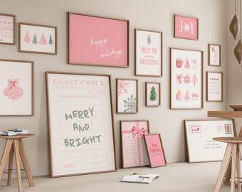 Pink Christmas Gallery Wall Art, Trendy Holiday Print, Coquette Christmas Aesthetic, Cute Holiday Decor, Set of 15 Posters, Digital Download