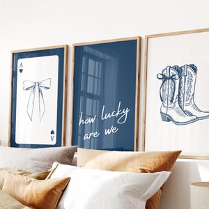 Navy How Lucky Are We, Coastal Cowgirl Print, Girly Western Wall Art, Coquette Decor, Cute Apartment Aesthetic, Trendy Wall Art, Set of 3