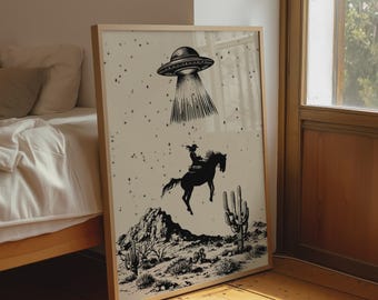 Space Cowgirl Print, Retro UFO Poster for Yallternative Western Decor, Digital Download