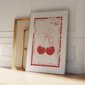 Red Cherry Print, Retro Stamp Poster, Trendy Wall Art, Coquette Apartment Aesthetic, Cute Kitchen Print, Girly Dorm Decor, Digital Download