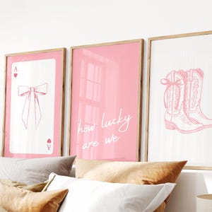 How Lucky Are We, Coastal Cowgirl Print, Girly Western Wall Art, Coquette Bow Boots, Light Pink Cute Poster, Trendy Dorm Decor, Set of 3