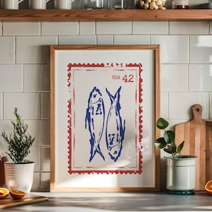 Sardines Print, Vintage Stamp Art, Fish Poster, Retro Kitchen Wall Art, Trendy Seafood Artwork, Fisherman Aesthetic Decor, Digital Download