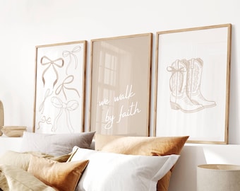 Walk by Faith, Christian Western Wall Art, Cute Bible Poster, Trendy Cowgirl Print, Aesthetic Apartment Decor, Dorm Set of 3, Digital Prints