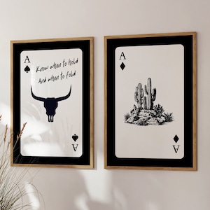 Western Gothic Poster Set of 2, Cowgirl Wall Art, Longhorn Bull Skull, Playing Card Print, Trendy Gallery Wall, Southwestern Decor, Cowboy
