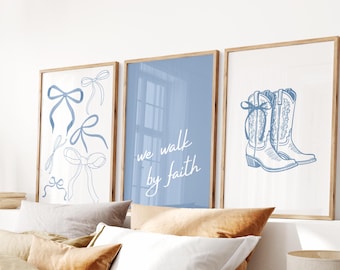 Walk by Faith, Girly Christian Wall Art, Bible Verse Poster, Scripture Print, Coquette Cowgirl, Cute Trendy Decor, Modern Western, Set of 3
