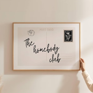 The Homebody Club, Vintage Postcard Poster, Trendy Wall Art, Horizontal Print, Retro Apartment Aesthetic, Cute Girly Decor, Digital Download