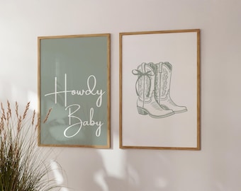 Howdy Baby Set of 2 Prints, Coquette Cowgirl Wall Art for Sage Green Decor, Digital Download