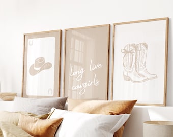 Neutral Long Live Cowgirls Set of 3 Prints, Girly Western Wall Art for Cowgirl Nursery Decor, Digital Download