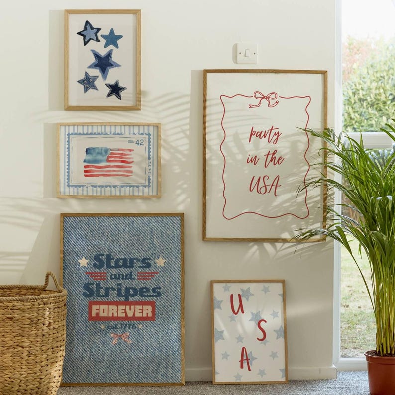 trendy patriotic wall art set in red white and blue